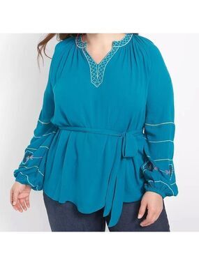 Lane Bryant Classic Long-Sleeve Belted Peasant Blouse Turquoise Green Top 14